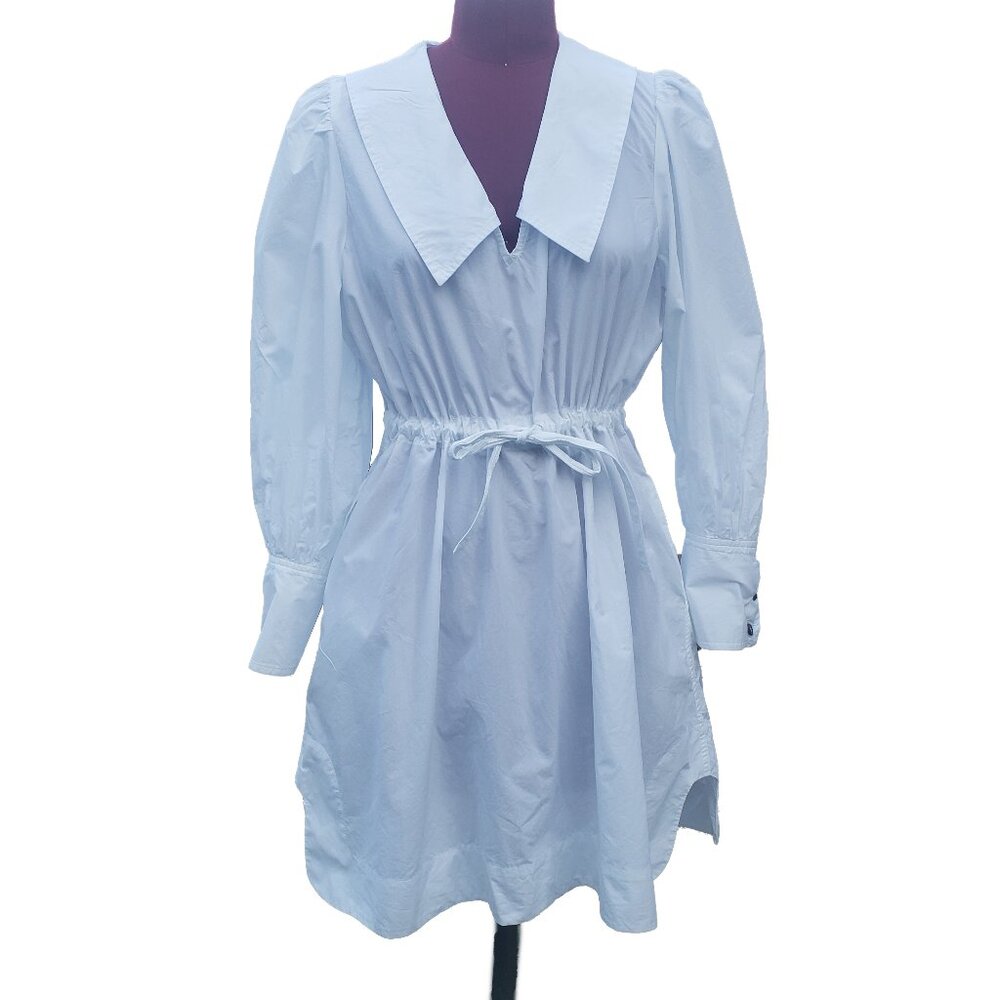Ganni Poplin Dress White Long Sleeve V Neck Collar Drawstring Waist 4